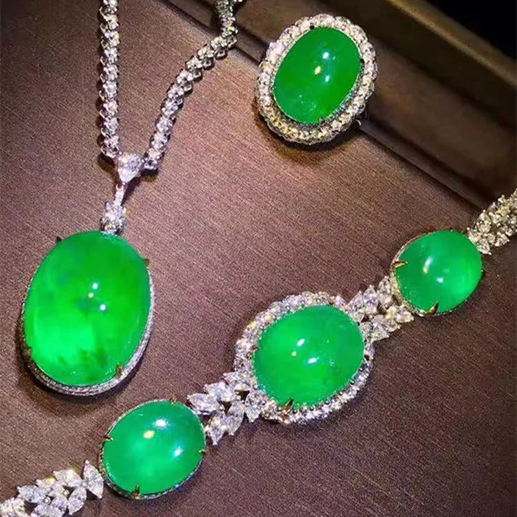 18k Gold Women Wedding Stone Jewelry Wholesale Colombia Natural Green Emerald Necklace Pendant Bracelet Ring Set