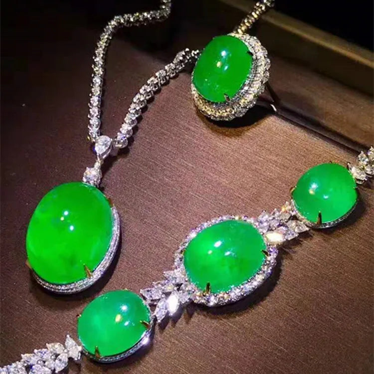 18k Gold Women Wedding Stone Jewelry Wholesale Colombia Natural Green Emerald Necklace Pendant Bracelet Ring Set