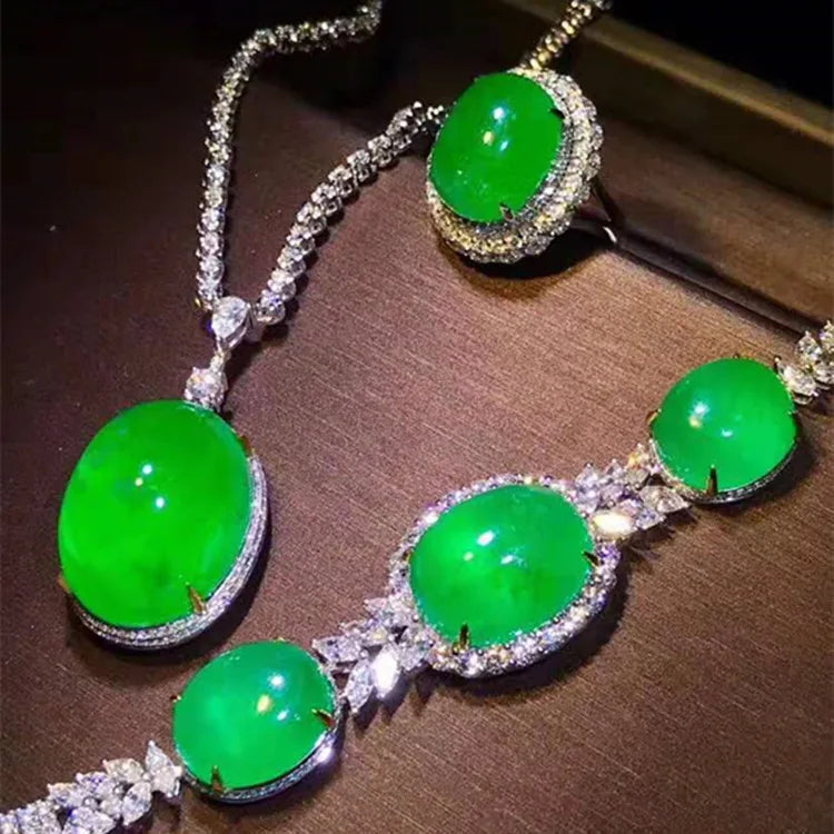 18k Gold Women Wedding Stone Jewelry Wholesale Colombia Natural Green Emerald Necklace Pendant Bracelet Ring Set