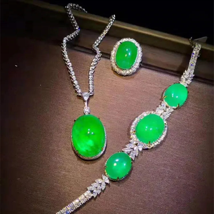 18k Gold Women Wedding Stone Jewelry Wholesale Colombia Natural Green Emerald Necklace Pendant Bracelet Ring Set