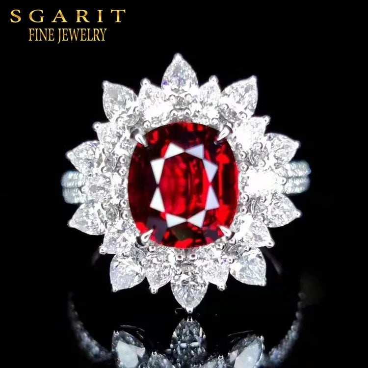 SGARIT Precious Beautiful Wedding Gemstone Jewelry 18k Gold 4.04ct Natural Unheated Pigeon Blood Red Ruby Ring