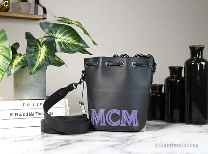 MCM Mini Black Purple Smooth Leather Chain Drawstring Bucket