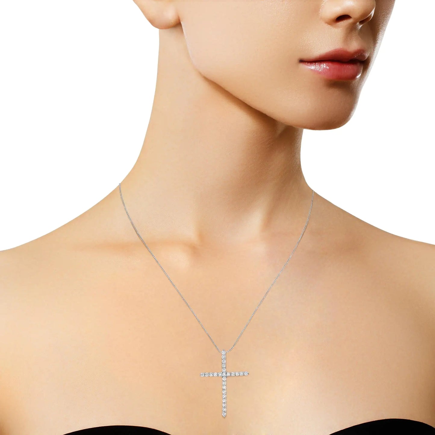 .925 Sterling Silver 2 cttw Prong Set Round-Cut Diamond Cross 18" Pendant Necklace (I-J Color, I2-I3 Clarity)