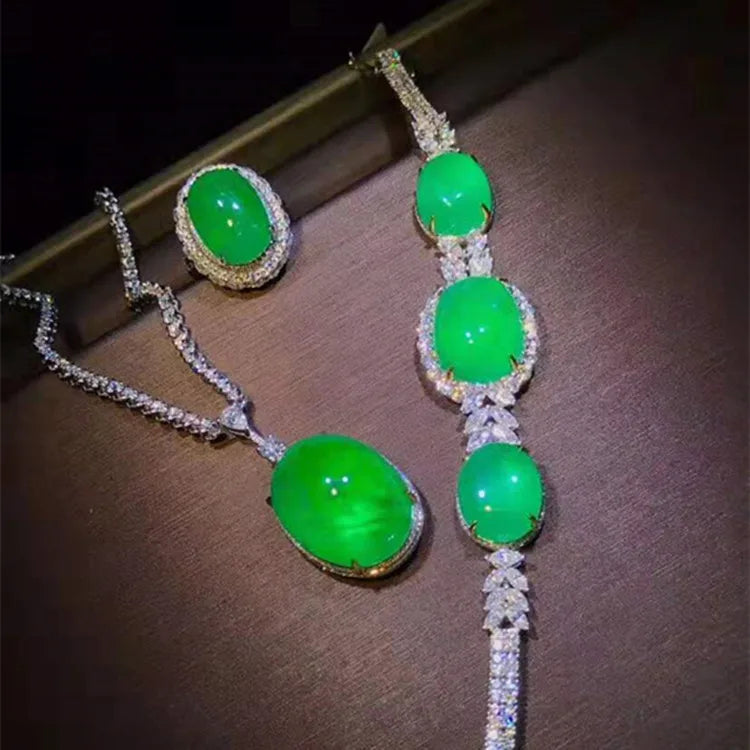 18k Gold Women Wedding Stone Jewelry Wholesale Colombia Natural Green Emerald Necklace Pendant Bracelet Ring Set