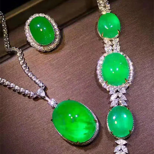 18k Gold Women Wedding Stone Jewelry Wholesale Colombia Natural Green Emerald Necklace Pendant Bracelet Ring Set