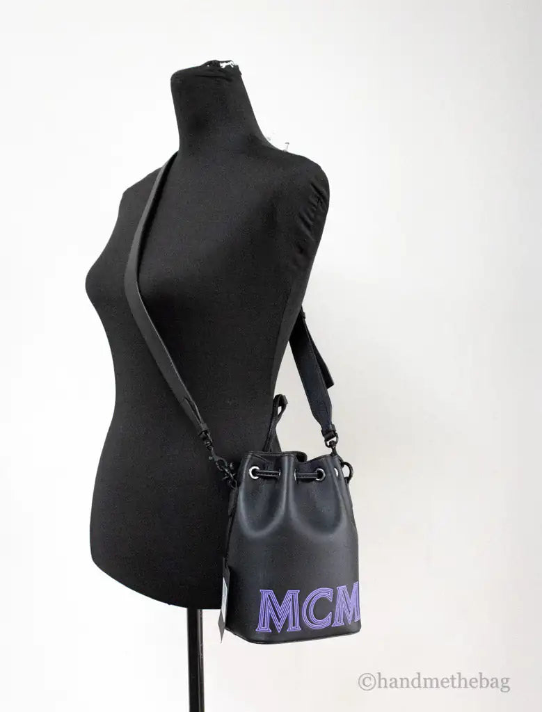 MCM Mini Black Purple Smooth Leather Chain Drawstring Bucket