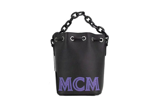 MCM Mini Black Purple Smooth Leather Chain Drawstring Bucket