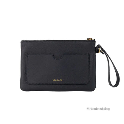 Versace Small Black Leather Wristlet Clutch Pouch