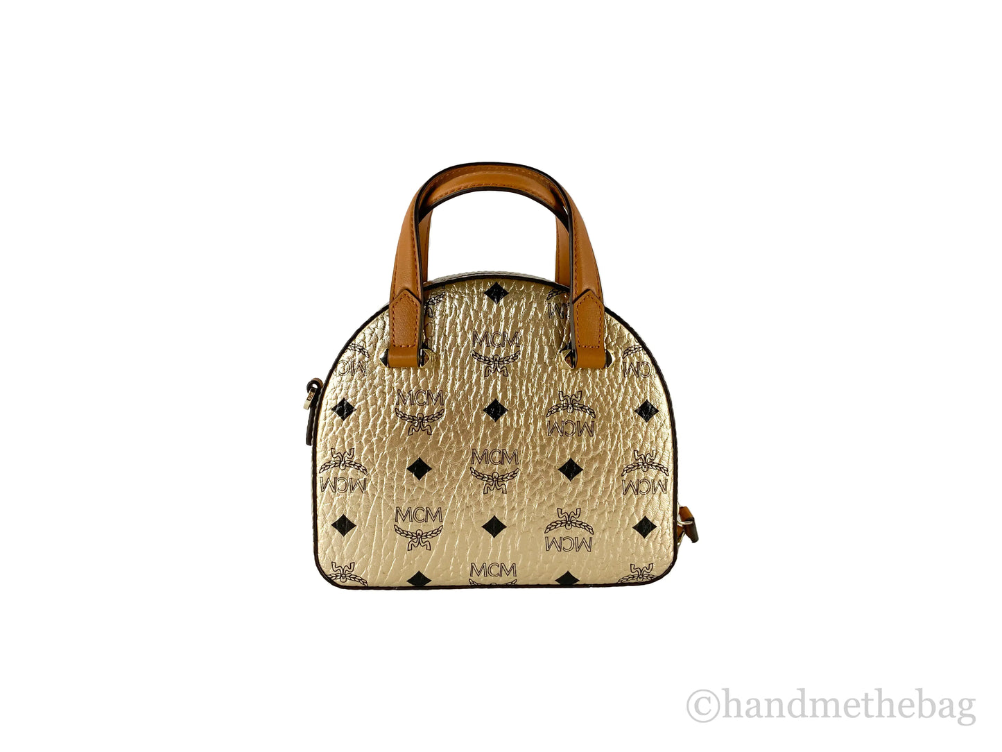 MCM Berlin Gold Leather Mini Round Top Tote Crossbody