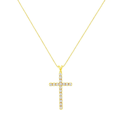 10k Yellow Gold Plated .925 Sterling Silver 2.0 cttw Classic Prong Set Round-Cut Diamond Cross 18" Pendant Necklace (J-K Color, I1-I2 Clarity)