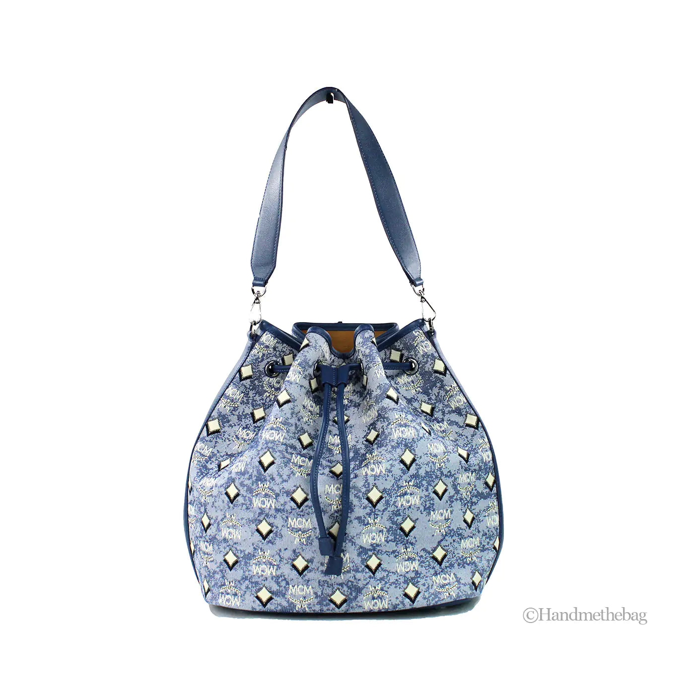 MCM Large Blue Denim Drawstring Bucket Bag