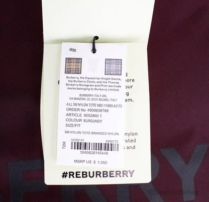 Burberry Small Burgundy Logo Branded Econyl Nylon Tote Bag