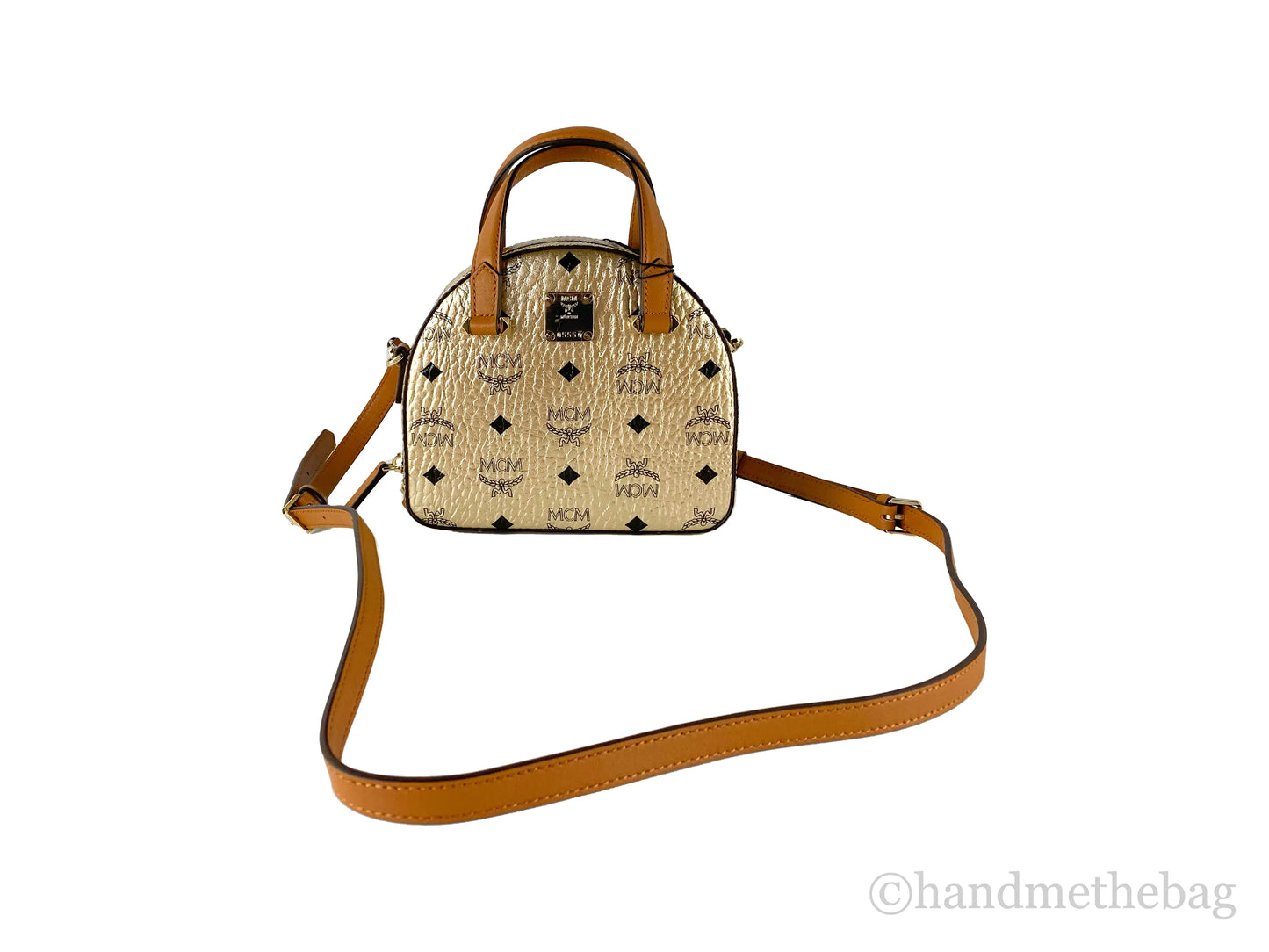 MCM Berlin Gold Leather Mini Round Top Tote Crossbody