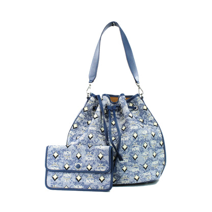 MCM Large Blue Denim Drawstring Bucket Bag