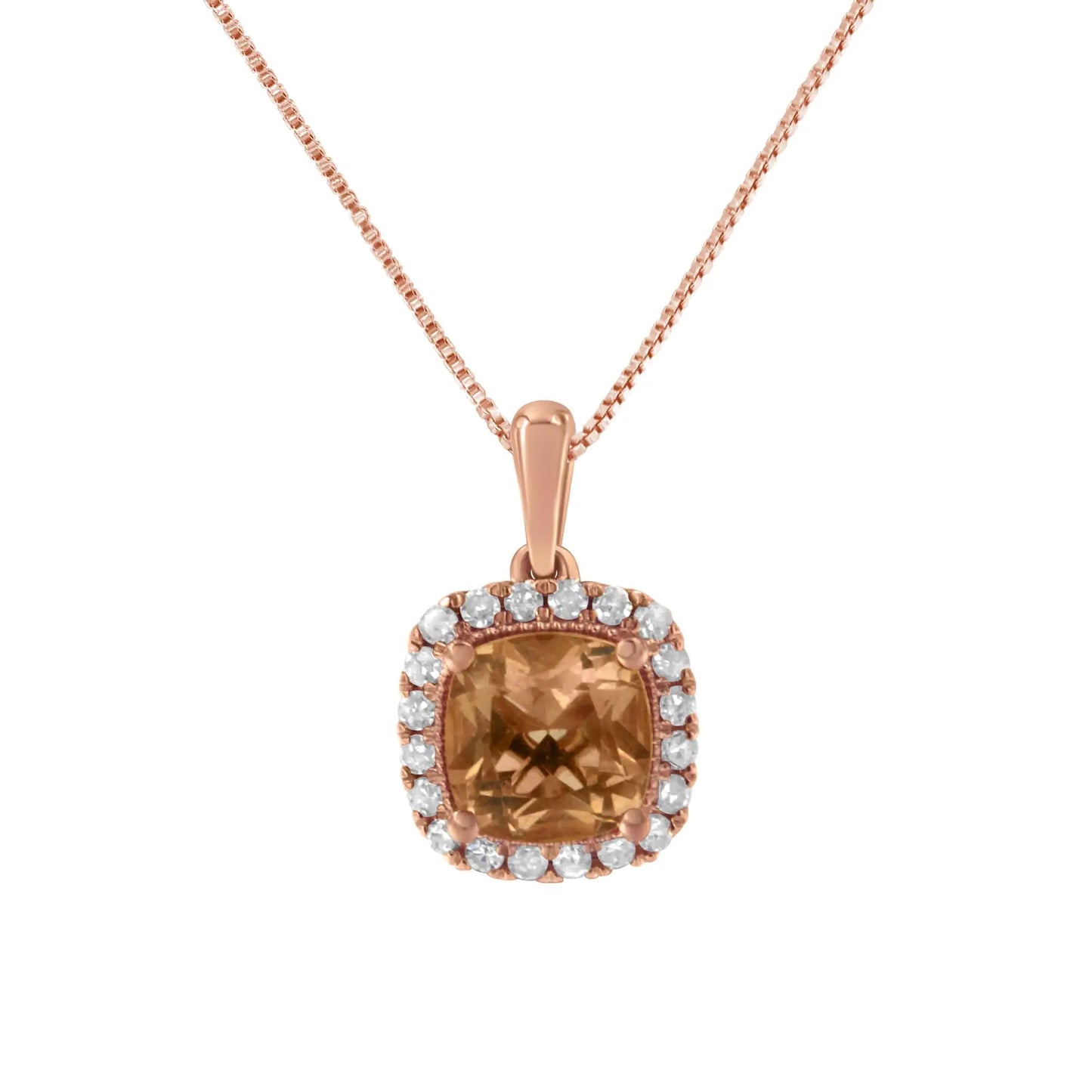 10K Rose Gold 1/4ct Diamond and 8MM Peach Morganite Gemstone Square Pendant (H-I, I1-I2)