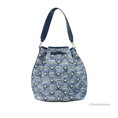 MCM Large Blue Denim Drawstring Bucket Bag